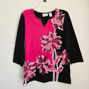 Alfred Dunner Top Womens Small Pink Black Notched Neck Floral Front 3/4 Sleeve